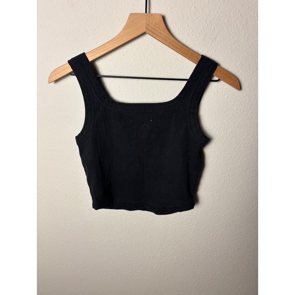 Madewell Black Ribbed Cropped Tank Top Square Neck Sleeveless Cotton Blend - Picture 2 of 3